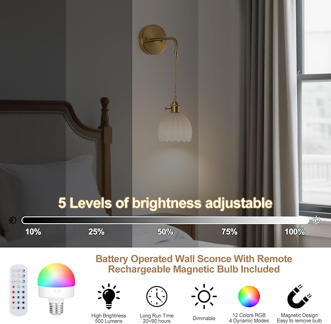 Vintage Battery Operated Wall Sconces Sets Of Two, Indoor not Hardwired Milky White Tulip Glass Lampshade Fixtures, Rechargeable Wireless RGB Wall Lights with Dimmable Remote, for Bedroom Living Room
