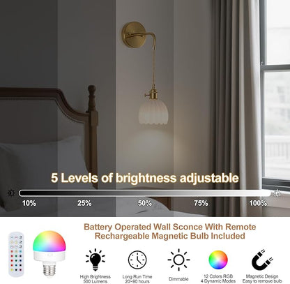 Vintage Battery Operated Wall Sconces Sets Of Two, Indoor not Hardwired Milky White Tulip Glass Lampshade Fixtures, Rechargeable Wireless RGB Wall Lights with Dimmable Remote, for Bedroom Living Room
