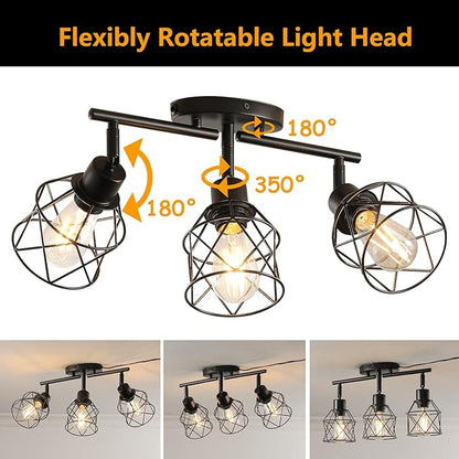 Dimmable Black Plug in Track Lighting Kit,3 Light Plug in Ceiling Light with 16.5' Cord,Flexibly Rotatable Light Head,Modern Industrial Farmhouse Style(Bulbs Not Included)