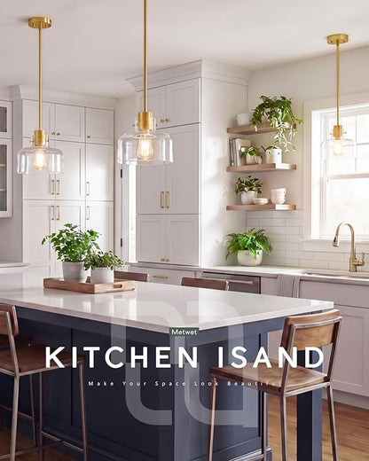 2 Pack Pendant Lights Kitchen Island, 8" Brushed Gold Pendant Light Fixtures Over Island with Clear Glass Shade, Modern Brass Kitchen Island Lighting for Dining Room Entryway, PL124-BG-G-2PL