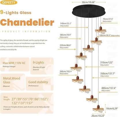 9-Light Amber Glass Chandelier for High Ceilings, Modern Long Flush Mount Lighting Fixture for Spiral Staircase, Foyer, Entryway, Living Room, Stairwell Hanging Chandelier