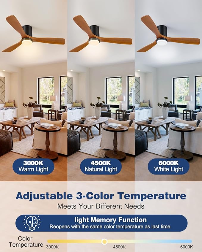 Ceiling Fans with Lights, 52 Inch Flush Mount Outdoor Ceiling Fan Low Profile, 3 Wood Blades, ETL Listed, Timer, 6 Speeds Reversible DC Motor Modern Fans for Bedroom, 52in, Brown and Black