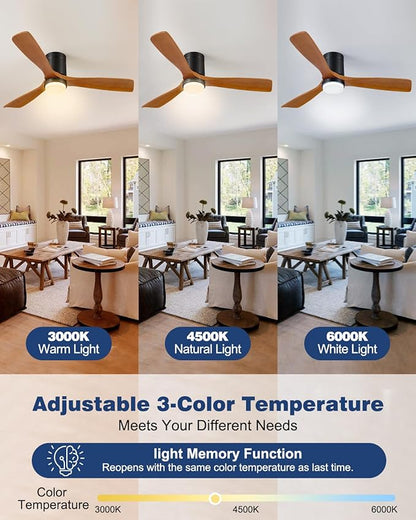 60 Inch Ceiling Fans with Lights Remote, 60" Flush Mount Outdoor Ceiling Fan Exterior, 3 Wood Blades, 6 Speeds, Timer, Quiet DC Motor Modern Low Profile Fan for Patio, 60in,Brown and Black