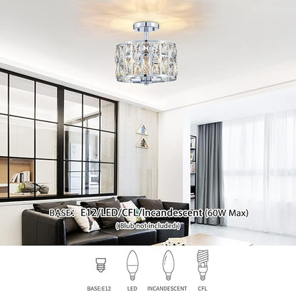 MEXO Farmhouse Crystal Round Semi Flush Mount Modern Close to Ceiling Light Fixture, Cylinder Drum Shade Ceiling Lights 3LT Ceiling Lamp for Kitchen Island Dinning Room Bedroom