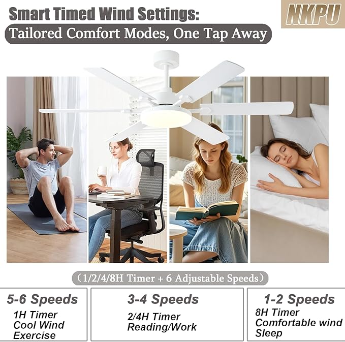 NKPU 56 Inch Ceiling Fans with Lights, Modern White Ceiling Fan with Light and Remote Control, 6 Double Sided Blades, 6 Speed Reversible Motor, Dimmable LED, Silent Timing, Indoor Outdoor Patio Use