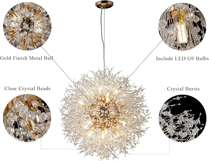 16-Light Sputnik Crystal Chandeliers Light Fixture, Modern Firework Hanging Lights, Round Gold Dandelion Pendant Lighting for Dining Room Living Room Bedroom Kitchen Island (Gold, D25.5inch)