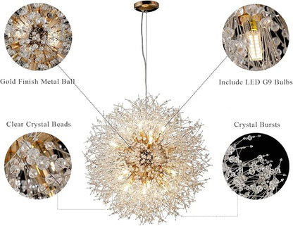16-Light Sputnik Crystal Chandeliers Light Fixture, Modern Firework Hanging Lights, Round Gold Dandelion Pendant Lighting for Dining Room Living Room Bedroom Kitchen Island (Gold, D25.5inch)