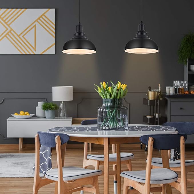 LOEHINLE Pendant Lighting Vintage Industrial Fixtures, Black Metal Farmhouse Lights, Ceiling Lamp for Kitchen Home Island Dining Room Bedroom, 11.4 inches