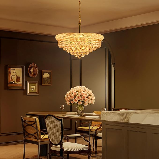 Crystal Chandeliers for Dining Room Light Fixtures Over Table, Empire Style k9 Crystal Chandelier for Bedroom, 9 Lights Gold Luxury Lighting Fixtures for Living Room Kitchen lsland Entryway D22 Inch