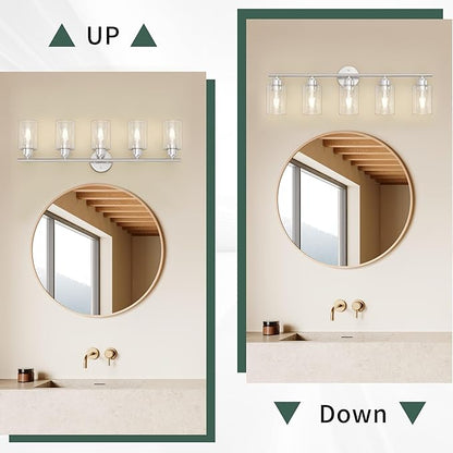 Bathroom Vanity Light Fixtures Brushed Nickel Bathroom Lighting Fixture, 5 Lights Bathroom Light Fixture Over Mirror, Modern Black Vanity Light, Wall Sconces with Glass Shades