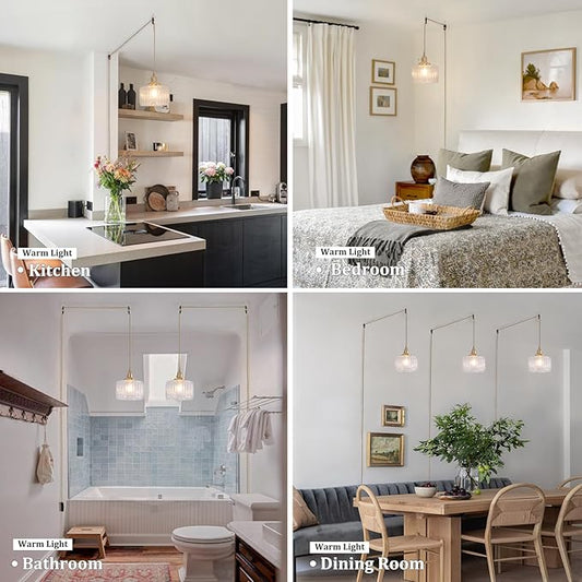 Shenmoyl Plug in Pendant Light Hanging Light Fixtures with Plugin Cord On/Off Switch,Clear Striped Glass Lampshade Brass Pendant Light