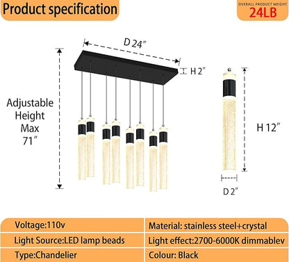 8-Lights Black Hanging Pendant Light for Kitchen Island Modern Dimmable LED Crystal Chandeliers for Dining Room Bedroom Living Room Over Table Adjustable Height