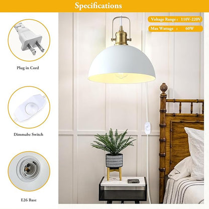 Plug in Pendant Light, Matte White and Gold Finish Haning Light with 19.68 Ft Cord, Dimming Switch, Metal Farmhouse Hanging Lamps for Living Room, Kitchen, Dining Room, Bedroom 9.84"