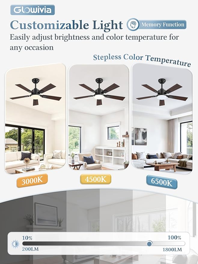 42 Inch Ceiling Fans with Lights and Remote&APP Control, Black Smart Ceiling Fan with 3000-6000K Dimmable, 6 Speeds Quiet Reversible Motor, Indoor/Outdoor Ceiling Fan for Bedroom Living Room
