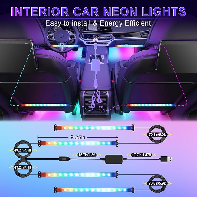 LivTee Accent Interior Car Lights, Smart Car Interior Lights with App Control, RGB LED Lights with Music Mode and DIY Mode, 2 Lines Design LED Lights for Cars with Charger, Car Accessories for Women