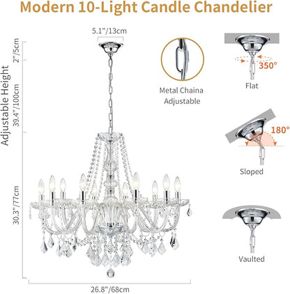 Large Crystal Chandelier, Modern Chrome Crystal Chandeliers for Dining Room Light Fixture, 10-Lights Large Pendant Light Fixtures Luxury Chandelier for Living Room Bedroom Foyer Entryway D26.8''