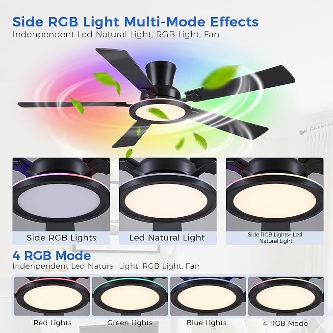 Ayaoty Ceiling Fans with Lights - 52in Flush Mount Ceiling Fan with RGB Dimmable, 3CCT 6 Wind Speeds and Reversible Quiet Motor, Low Profile RGB Fan Light for Modern Indoor, Party - Black RGB