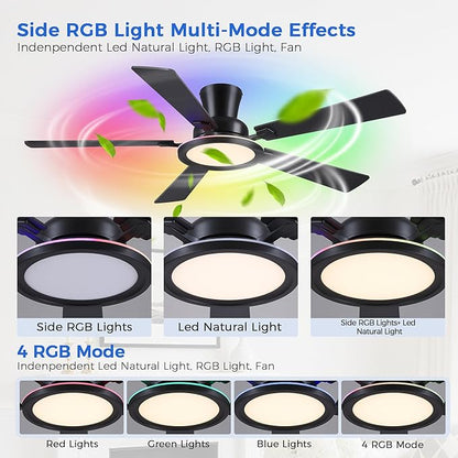 Ayaoty Ceiling Fans with Lights - 52in Flush Mount Ceiling Fan with RGB Dimmable, 3CCT 6 Wind Speeds and Reversible Quiet Motor, Low Profile RGB Fan Light for Modern Indoor, Party - Black RGB