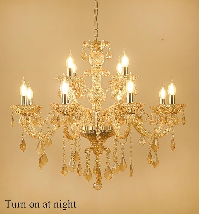 Modern Cognac Crystal Chandelier Lighting, K9 Crystal Light Fixtures 12-Light,Luxury Crystal Chandeliers Lighting 2-Tier Candle Crystal Pendant Light for Living Room Lobby Stair (12 Lights)