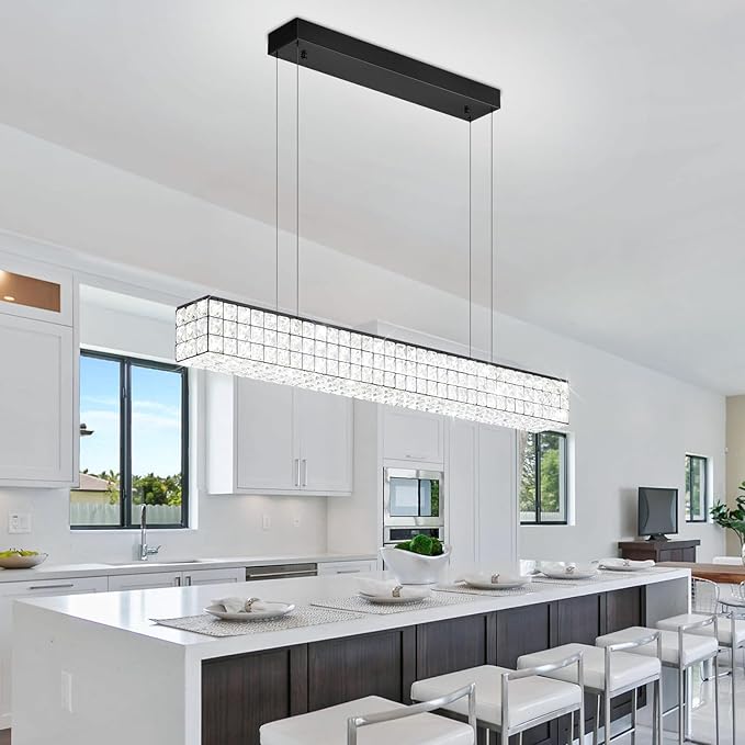 ykolupty Modern Rectangle Pendant Lights Dimmable LED Chandelier Lighting, Linear Black Dining Room Hanging Light Fixtures Kitchen Island Rectangle Chandelier for Dining Room (L 40")