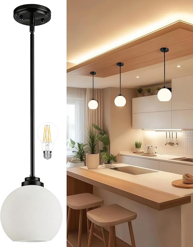 Majade Globe Pendant Lights Kitchen Island Pendant Light Fixtures 7.4 Inch Black Mid Century Modern Globe Pendant Lighting with Milk Glass Adjustable Hanging Light Fixtures for Dining Room living room