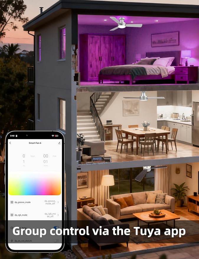 42" RGB Ceiling Fan with Light, Music Sync Smart Fan with Alexa/Google/App Control, Low Profile Flush Mount, 6-Speed Quiet DC Motor, 4 CCT Dimmable Lighting for Bedroom Living Room, Silver