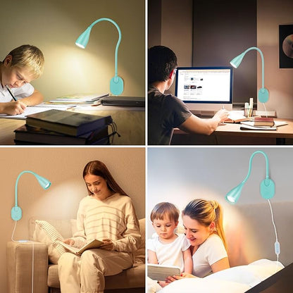 LiFMIRA Wall-Mounted LED Bedside Reading Light with USB Charging Port, 10-Level Dimmable & Adjustable 5 Color, Plug-in Adhesive Night Lamp for Books in Bed, Eye-Caring Bedroom Lighting (Teal)