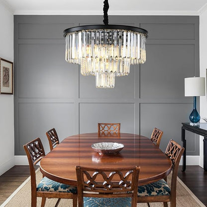 Black Modern Crystal Chandelier Lighting K9 Crystal Round Chandelier Hanging Ceiling Light Fixture 3-Tier Contemporary Crystal Pendant Light for Dining Room Living Room Bedroom 21.68inch