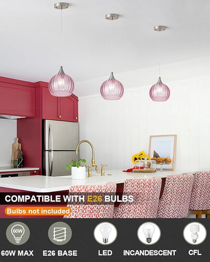 Brushed Nickel Pendant Lights Kitchen Island, Globe Pendant Light Fixtures with 8 Inch Clear Glass Shade, Modern Hanging Light Fixtures for Kitchen, Bedroom (2 Pack - Pink Glass Pendant Light)