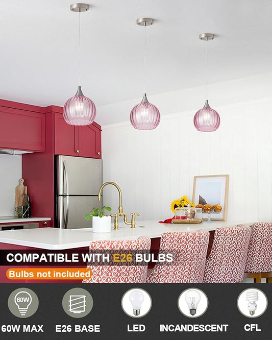 Brushed Nickel Pendant Lights Kitchen Island, Globe Pendant Light Fixtures with 8 Inch Clear Glass Shade, Modern Hanging Light Fixtures for Kitchen, Bedroom (2 Pack - Pink Glass Pendant Light)