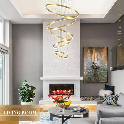 Gold Modern LED Chandeliers 5 Rings Chandelier for High Ceiling 31" Large Foyer Chandelier Entryway Dimmable Pendant Light Fixture for Living Room Staircase, 3000K-6500K