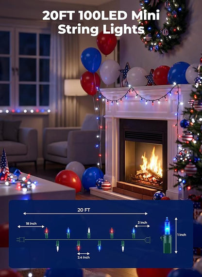 Minetom Red White Blue LED Christmas String Lights, 100 Count 20 Feet 4th July Decoration, Independence Day Decoration, Patriotic Mini Lights Waterproof for Indoor Outdoor Xmas Holiday Party Patio