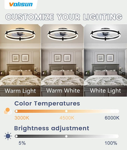 VOLISUN Ceiling Fans with Lights and Remote, 19.7in Low Profile Ceiling Fans with Light, 3000K-6500K Dimmable Fandelier Ceiling Fan, Black Flush Mount Ceiling Fan for Bedroom