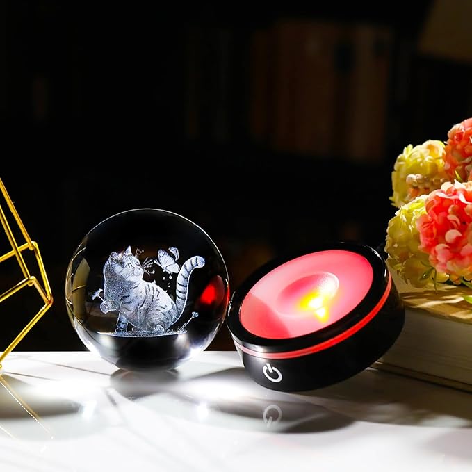 YWHL 3D Crystal Cat and Butterfly Figurines Ball with Colorful Light Base, Laser Engraved Cat Sphere for Women Men,Birthday Gifts for Lover, Animal Snow Globes Collection for Home Decor(80mm)