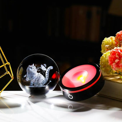 YWHL 3D Crystal Cat and Butterfly Figurines Ball with Colorful Light Base, Laser Engraved Cat Sphere for Women Men,Birthday Gifts for Lover, Animal Snow Globes Collection for Home Decor(80mm)