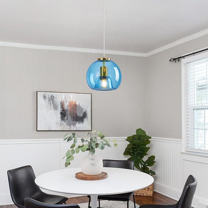 Light Blue Glass Pendant Lights Kitchen Island Gold Hanging Light Fixture Glass Globe Pendant Light Modern Pendant Lighting for Kitchen Island Bedroom Dining Room (7.87", B Style-1 Pack)