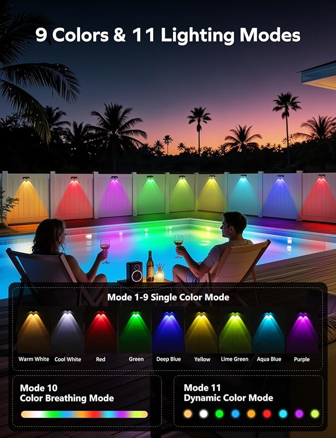 Solar Fence Lights Outdoor, 4 Pack Color Changing Fence Lights Solar Powered with 9 RGB Colors & 11 Lighting Modes, IP65 Waterproof Dusk to Dawn Fence Lights for Patio, Deck, Wall, Backyard
