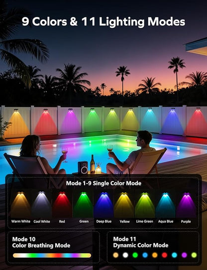 Solar Fence Lights Outdoor, 12 Pack Color Changing Fence Lights Solar Powered with 9 RGB Colors & 11 Lighting Modes, IP65 Waterproof Dusk to Dawn Fence Lights for Patio, Deck, Wall, Backyard