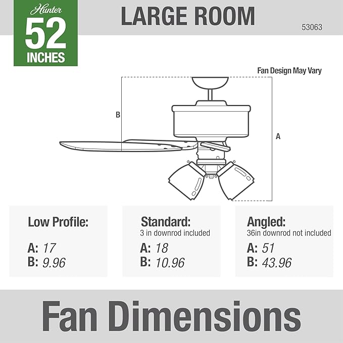 Hunter 52 inch Indoor Ceiling Fan with LED Lights and Pull Chain - Brass Ceiling Fan, Standard Mount, 5 Blades, For Bedroom, Living Room, or Kitchen, Quiet - Studio Series 53063, Antique Brass