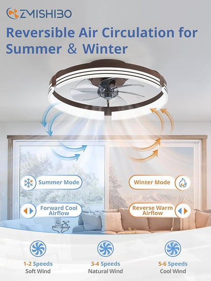 ZMISHIBO Low Profile Ceiling Fans with Lights and Remote, 20 Inch Flush Mount Ceiling Fan with Light, 3000K-6000K Dimmable Fandelier LED Fan Light, 6 Wind Speeds Brown Ceiling Fans for Bedroom