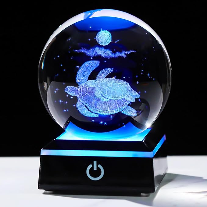 Arikyrist 3D Crystal Ball Sea Turtle Figurine with LED Base Laser Sea Turtle Gifts for Women Men on Christmas Birthday Decorative Turtle Ball Glass Sea Turtle Globe Night Light for Home Decor (80mm)