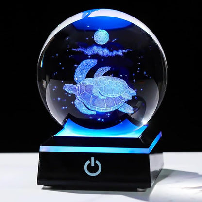 Arikyrist 3D Crystal Ball Sea Turtle Figurine with LED Base Laser Sea Turtle Gifts for Women Men on Christmas Birthday Decorative Turtle Ball Glass Sea Turtle Globe Night Light for Home Decor (80mm)