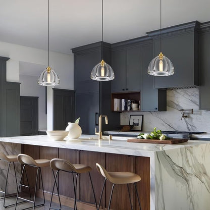 Crystal Pendant Light Kitchen Island: 7" Vintage Brass Hanging Lights above Dining Table - Modern K9 Crystals Lighting over Kitchen Sink - Luxury Gold Hemispher Pendants Light Fixtures Bulbs Included