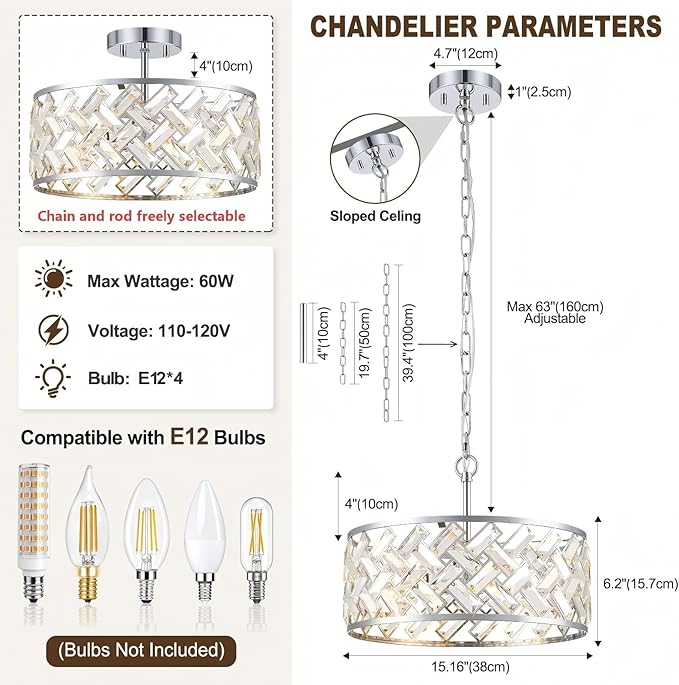 Chrome Crystal Chandelier, 4-Light Morden Dining Room Light Fixture,15.16" Round Semi Flush Mount Chandeliers for Kitchen Foryer Entryway Hallway Living Room Bedroom (ETL Listed)