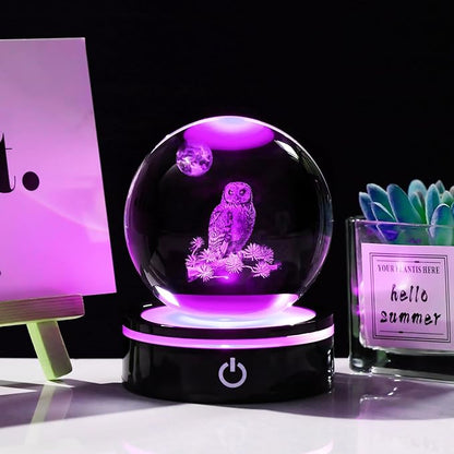 YWHL 3D Owl Figurine Crystal Ball with Colorful Light Base, Owl Gifts for Women Men Owls Lovers on Christmas Birthday, 3D Laser Engraved Owls Sphere Glass Ball for Home Office Decoration (80mm)