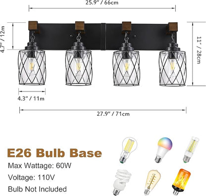 Farmhouse Bathroom Light Fixtures, 4 Light Bathroom Vanity Light with Metal and Glass Lampshade, Wood Rustic Lighting Fixtures Over Mirror, Black Wall Sconces for Living Room, Bedroom