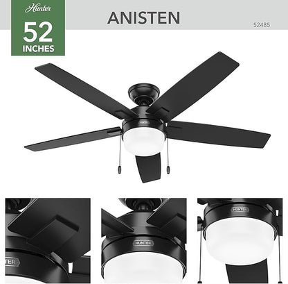 Hunter 52 inch Indoor Ceiling Fan with LED Light - Black Ceiling Fan with Pull Chain, For Bedroom or Living Room, Standard Mount, No Remote, 5 Blades, Includes Bulbs - Anisten 52485, Matte Black