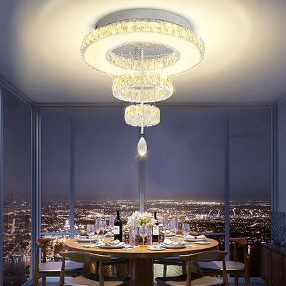 Flashing God Dia 20" Flush Mount Chandeliers Silver Modern Living Room Chandelier LED Crystal Ceiling Light 2 Rings Pendant Light Crystal Chandeliers for Bedroom Dining Room Entryway