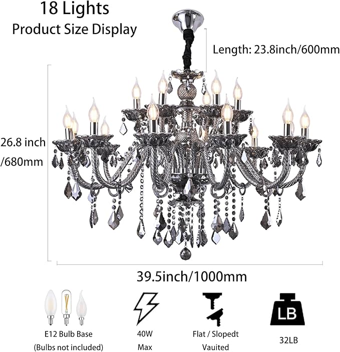 Modern Luxury K9 Crystal Chandelier 18 Light Large Smoky Gray Crystal Chandelier Lighting 39.5" E12 Crystal Pendant Light Fixtures for Living Room, Stair,Store (Double Layer 12+6 Lights)
