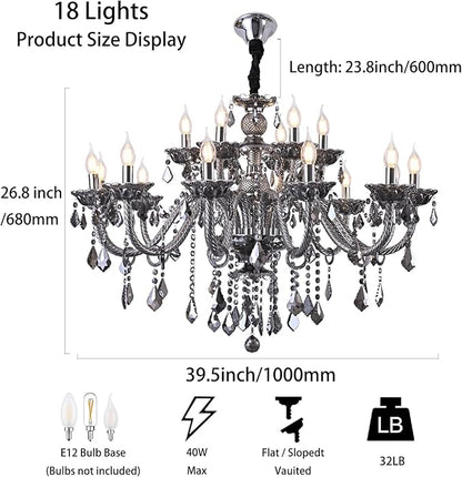 Modern Luxury K9 Crystal Chandelier 18 Light Large Smoky Gray Crystal Chandelier Lighting 39.5" E12 Crystal Pendant Light Fixtures for Living Room, Stair,Store (Double Layer 12+6 Lights)